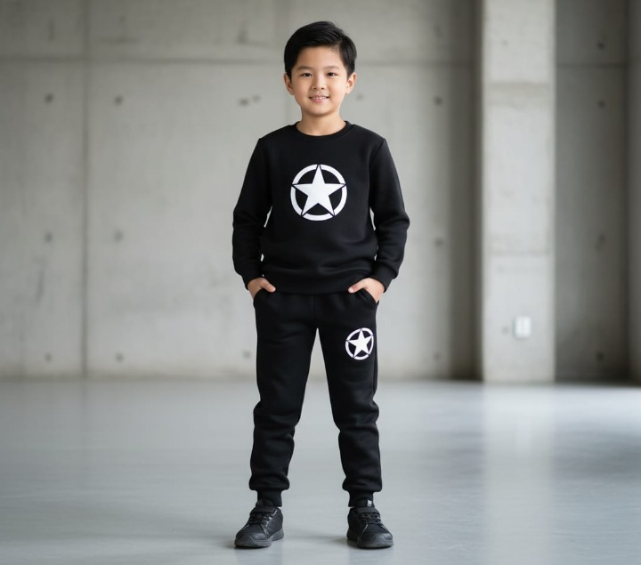 Kids Star Printed Black & Black Tracksuit Set | Winter Fleece Sweatshirt & Trouser Outfit for Boys & Girls – Warm & Trendy FOR BABY AND KIDS