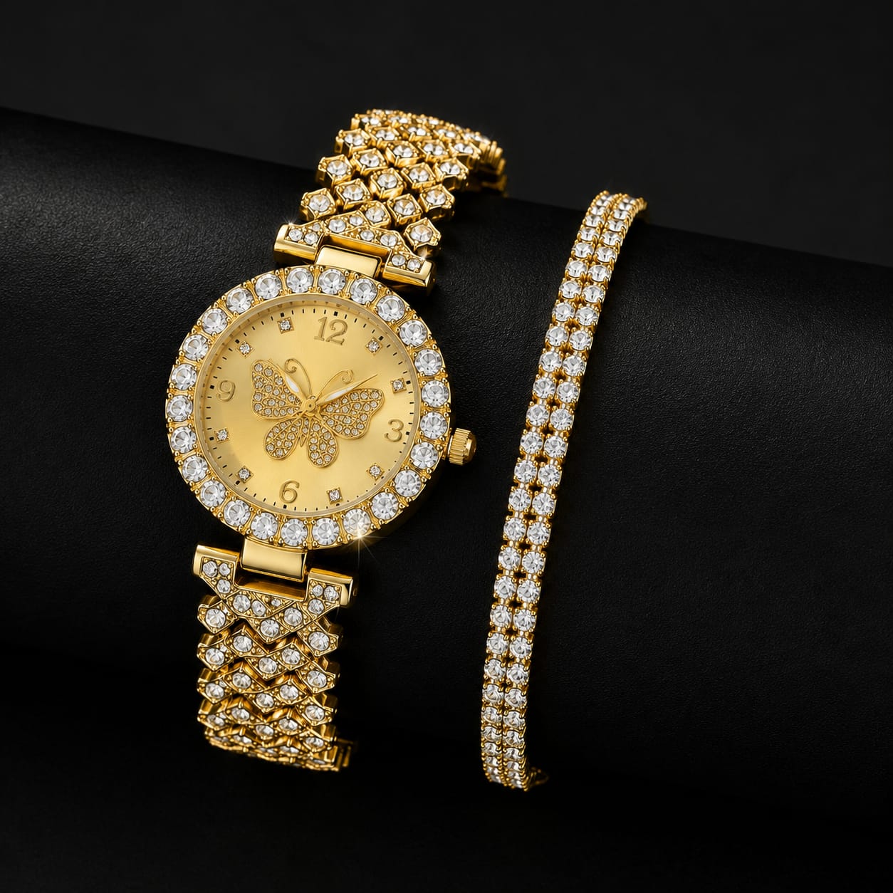 Women's Butterfly Decorative Dial Quartz Watch with 2-Layer Bracelet Set
