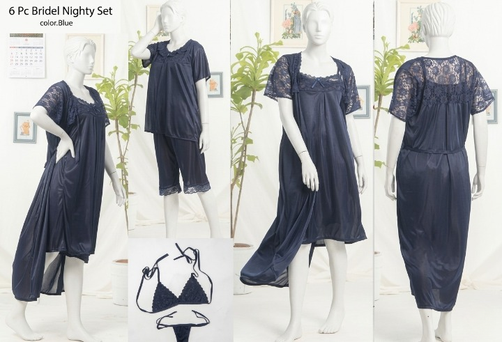 6 PCs Bridal Satin Nighty Set with Matching Thong & Bralette Free Size - Image 4