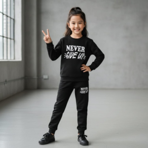Kids βNever Give Upβ Printed Black & Black Tracksuit Set | Winter Fleece Sweatshirt & Trouser Outfit for Boys & Girls β Warm & Motivational FOR BABY AND KIDS