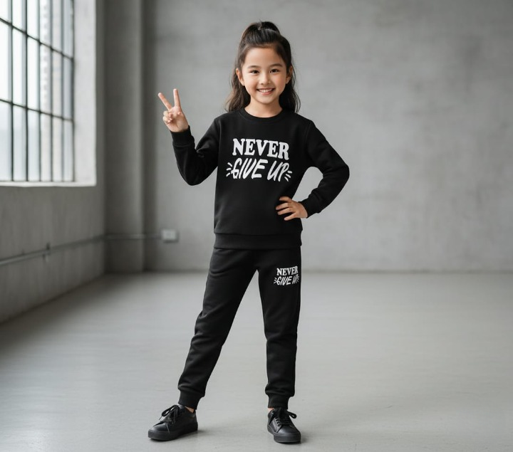 Kids “Never Give Up” Printed Black & Black Tracksuit Set | Winter Fleece Sweatshirt & Trouser Outfit for Boys & Girls – Warm & Motivational FOR BABY AND KIDS