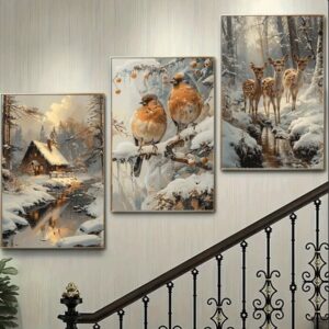 Serene 3-Piece Winter Nature Wall Frame Set โ Cabin, Birds & Deer in Snow