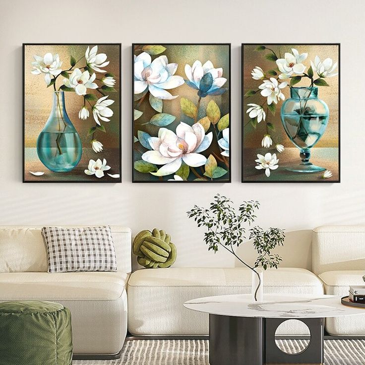 Elegant 3-Piece Floral Wall Frame Set โ White Blossoms & Teal Vase Art