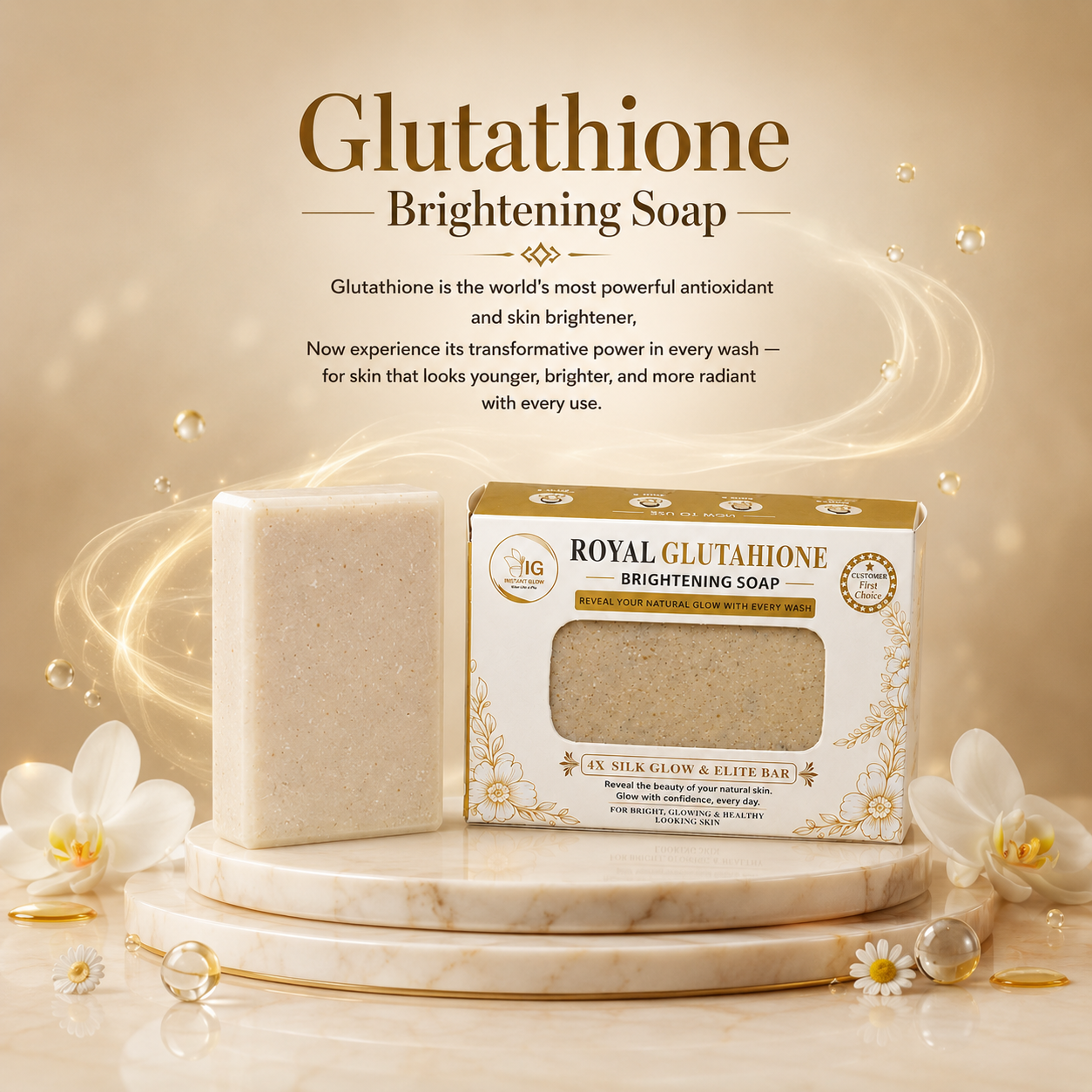 Instant Glow Royal Glutathione Brightening Soap โ Luxury Skin Brightening & Anti-Ageing Soap for Radiant, Even-Toned & Youthful Looking Skin | Premium Antioxidant Formula