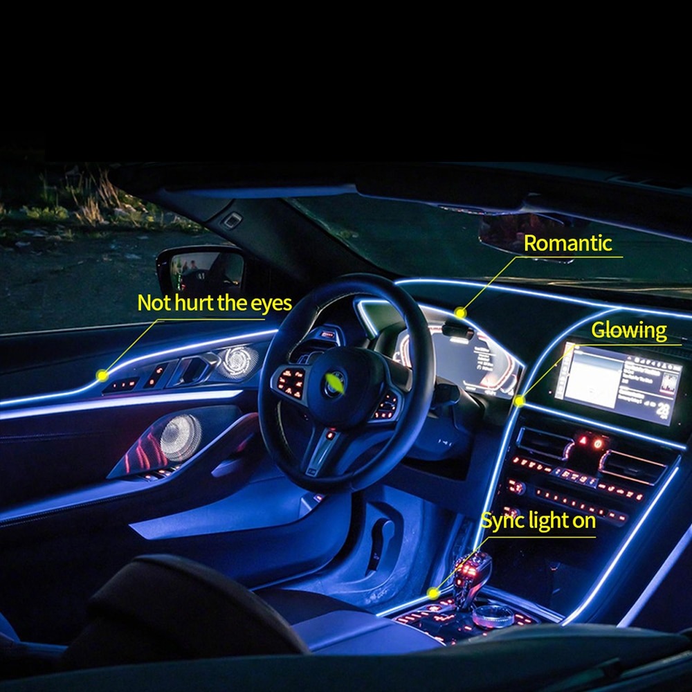 Flexible EL Wire LED Strip Car Interior Ambient Light โ Ice Blue Cigarette Lighter Powered wire Strip 2 Meters