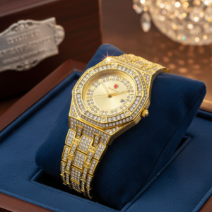 Luxury Gold Diamond-Studded Wrist Watch – Premium Designer Style Quartz Watch for Men & Women (Without Box)