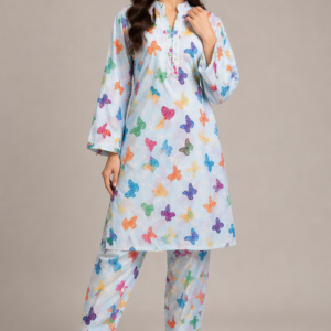 Digital Print Polo Cotton 2 Piece Suit for Girls โ Butterfly Printed Shirt & Trouser Set | Soft Summer Casual & Party Wear Dress