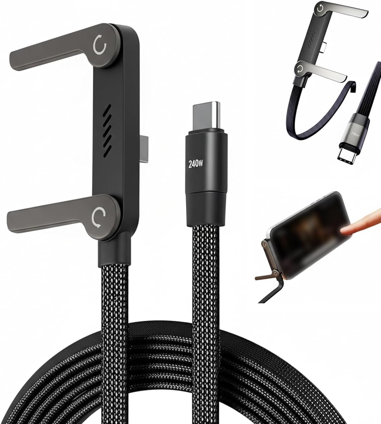 2-In-1 Data Charging Cable With Stand | Nylon Braided USB C To USB C Cable 1.5M | 240W Fast Charging Cable Cord For Smartphones, Tablets & Laptops - Image 2