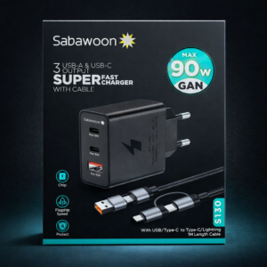 Sabawoon S130 90W GaN Super Fast Charger โ 3 Port USB & Type-C Fast Charging Adapter with Cable