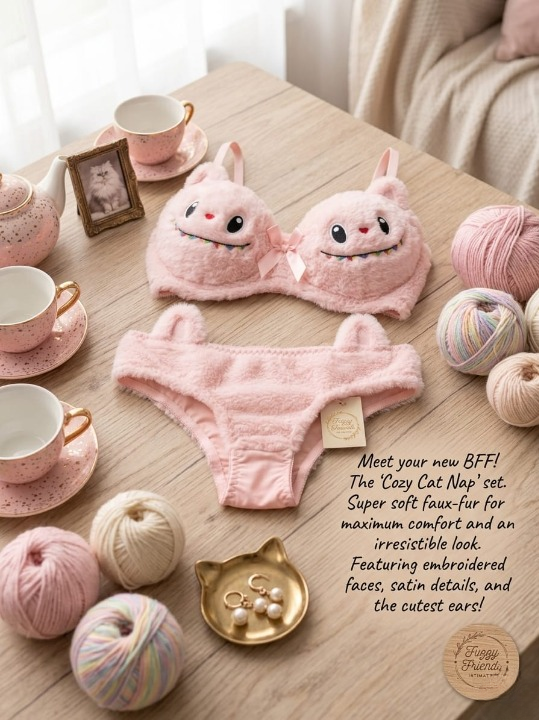 Labubu Style Cute Double Padded Bra & Panty Set for Women โ Soft Wool Material, Comfortable Lingerie Set (Random Color) - Image 3