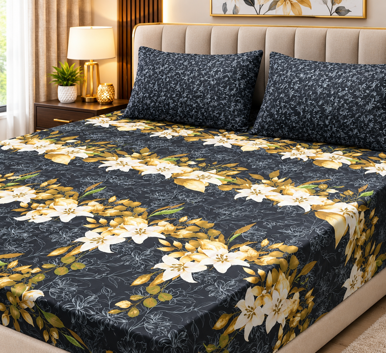 Gift Pack Bedsheet Cotton Mix Full Printed 3PC Set With King Size Sheet And 2 Pillow Covers