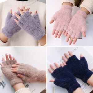 Girls Soft Plush Half Finger Gloves | Warm Fuzzy Fingerless Winter Gloves for Writing, Typing & Outdoor Use random colours