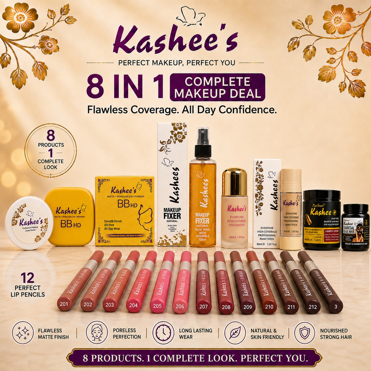 Kashee's All In 1 Foundation, Fixer, Face Powder, Loose Powder, 12 Pcs Lip Pencil Set, Hair Mask, Face Mask And Paint Stick Deal, Pack Of 8