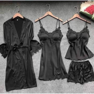 Black 5-Piece Elegant Lace Satin Nightwear Set