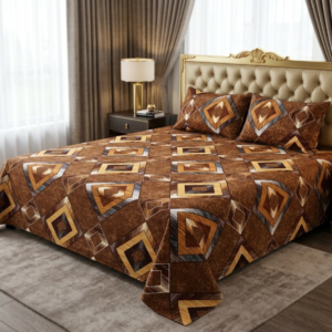 3D Crystal Cotton 3PC Bedsheet Set With Multicoloured Geometric Design And 2 Piping Pillow Covers
