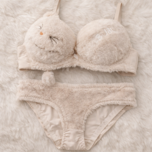Cute Fur Style Double Padded Woolen Bikini Set โ Soft Beige Plush Bra & Panty Lingerie Set