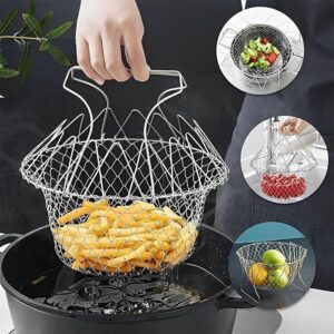 Stainless Steel Foldable Frying Basket - Collapsible Kitchen Chef Basket