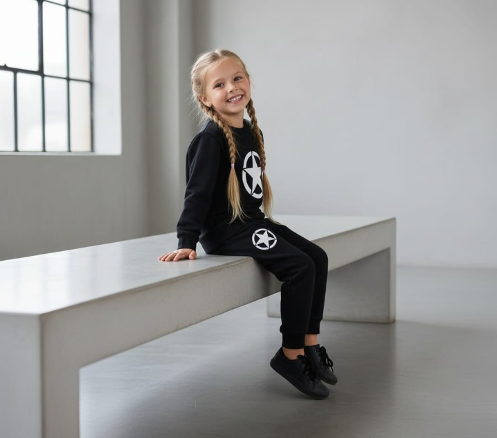 Kids Star Printed Black & Black Tracksuit Set | Winter Fleece Sweatshirt & Trouser Outfit for Boys & Girls – Warm & Trendy FOR BABY AND KIDS - Image 2