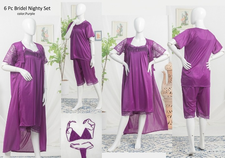 6 PCs Bridal Satin Nighty Set with Matching Thong & Bralette Free Size - Image 6