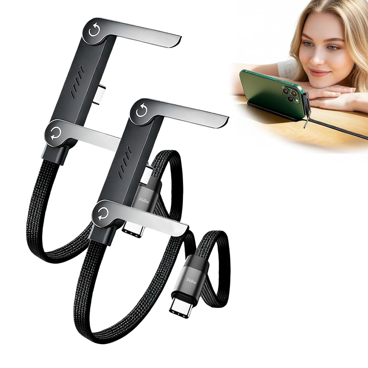 2-In-1 Data Charging Cable With Stand | Nylon Braided USB C To USB C Cable 1.5M | 240W Fast Charging Cable Cord For Smartphones, Tablets & Laptops - Image 4