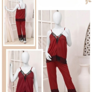 Women's Silk Top Pajama Set with Lace – Luxury Sleepwear Collection (Free Size) [SKU R-012]