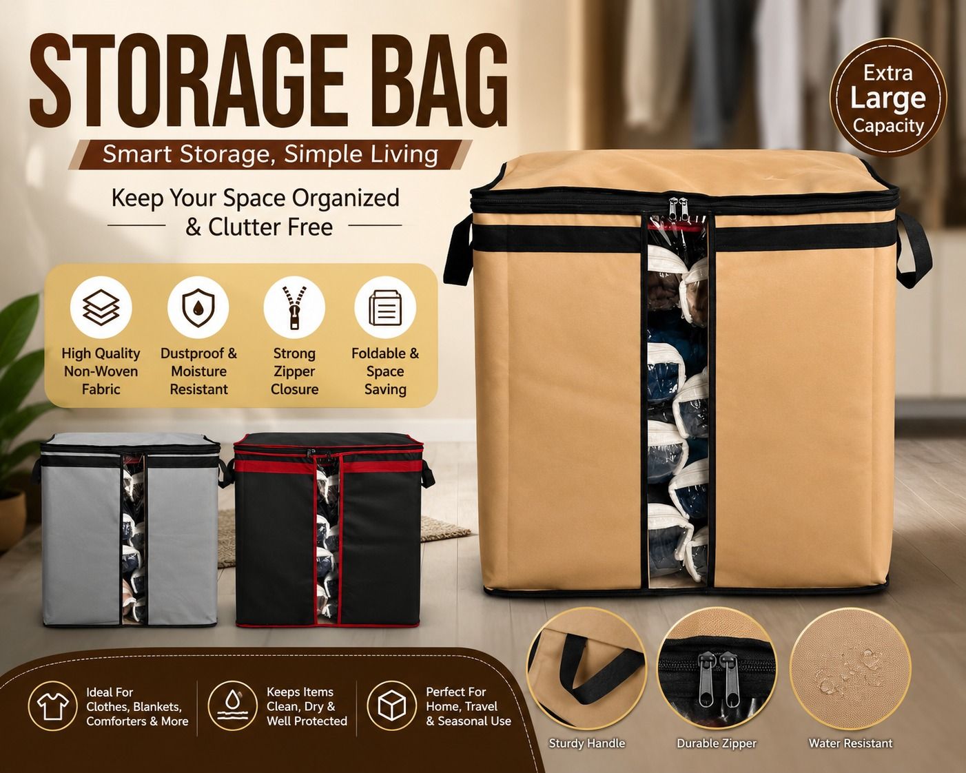 Heavy-Duty 110GSM Storage Bag โ Foldable Closet Organizer for Clothes, Quilts & Blankets