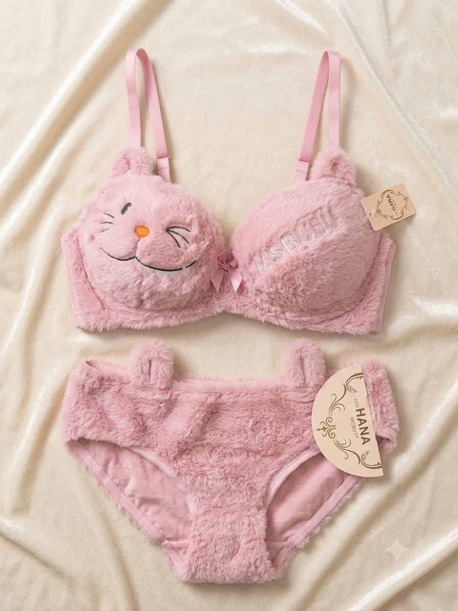 Cute Fur Style Double Padded Woolen Bikini Set โ Soft Pink Plush Bra & Panty Lingerie Set - Image 2